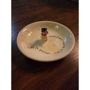 Russ Handpainted Snowman Christmas Cracker Candy Appetizer Dish Let it Snow